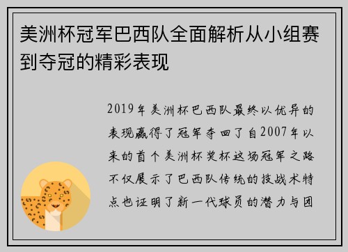 美洲杯冠军巴西队全面解析从小组赛到夺冠的精彩表现 美洲杯冠军巴西队全面解析从小组赛到夺冠的精彩表现